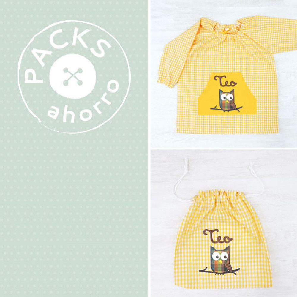 Nursery School pack SMOCK + CLOTHES BAG OWL