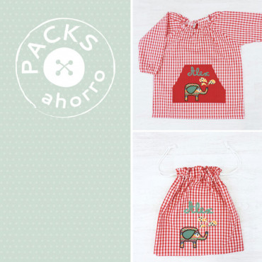 Nursery School pack SMOCK + CLOTHES BAG ELEPHANT