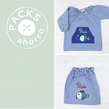 Nursery School pack SMOCK + CLOTHES BAG FISH