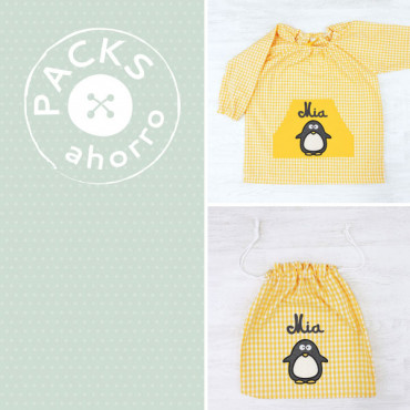 Nursery School pack SMOCK + CLOTHES BAG PENGUIN